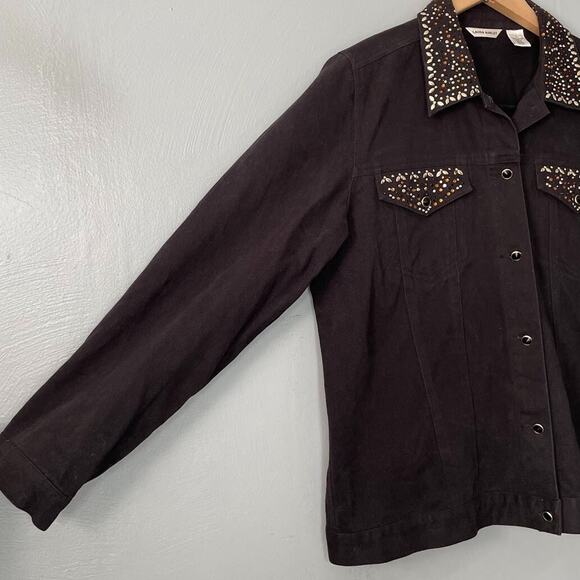 Laura Ashley Womens Size Large Black Embellished Denim Jacket Mobwife Glam Biker - Picture 2 of 10